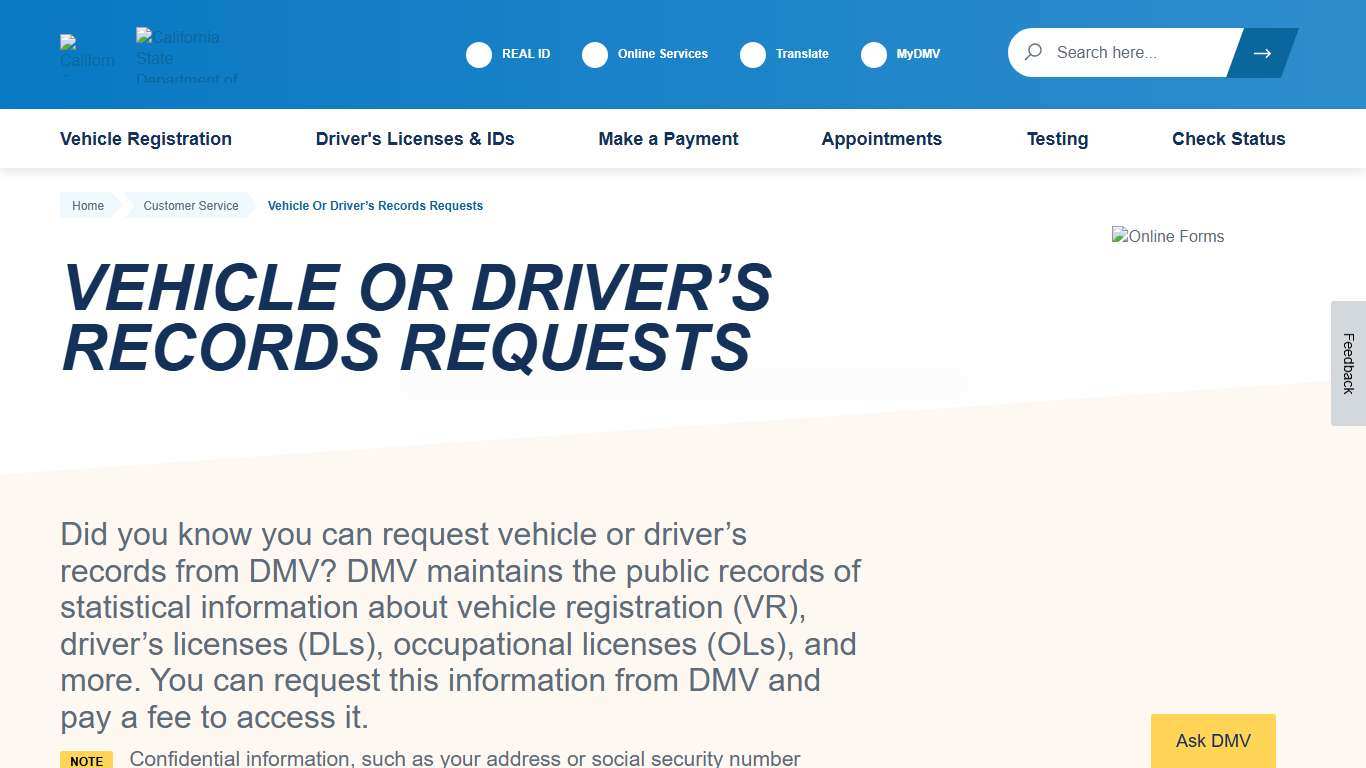 Vehicle or Driver's Records Requests - California DMV